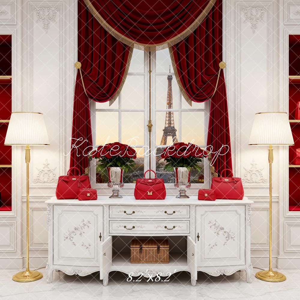 Kate Red Handbag Display Paris Window Scene Backdrop Designed by Patty Roberts