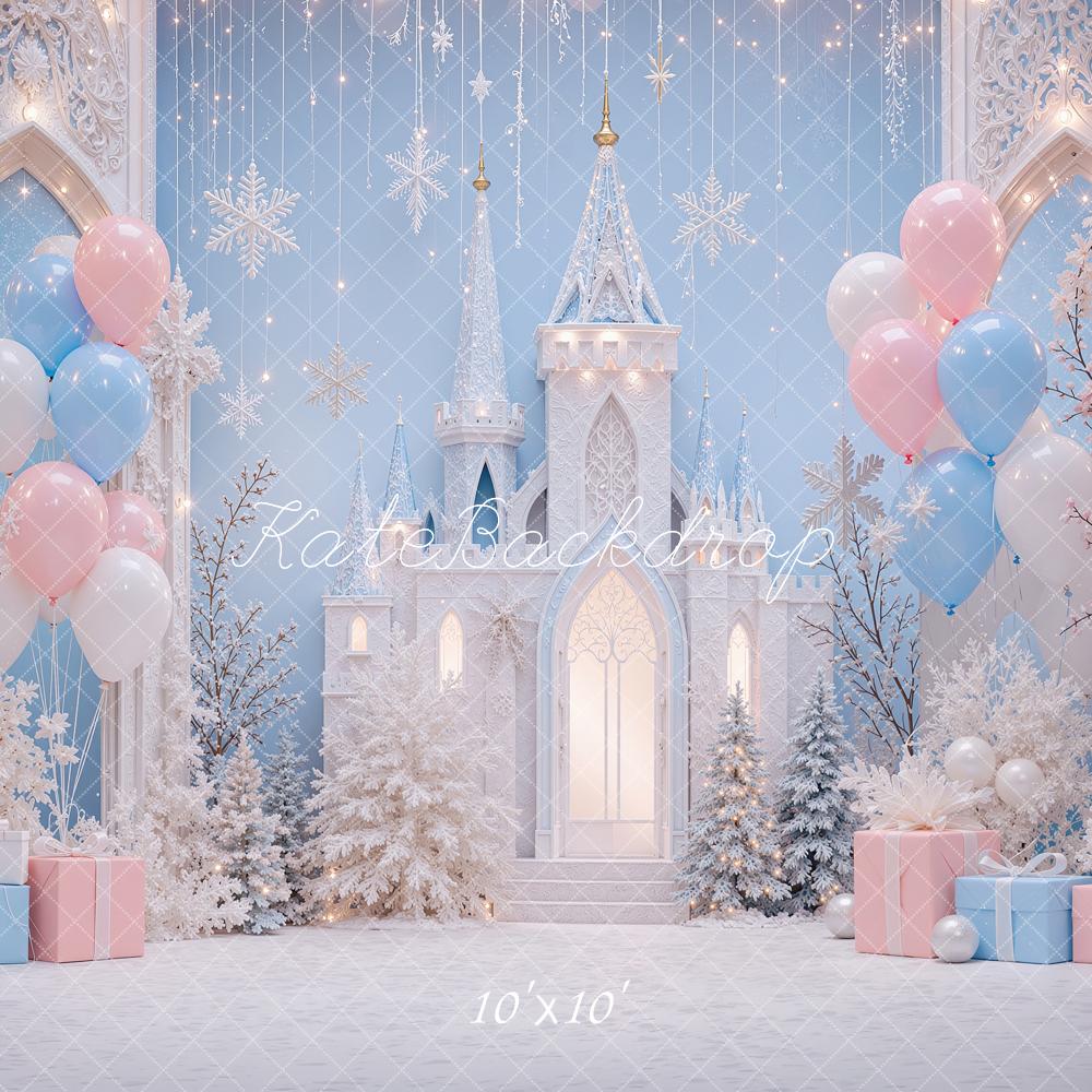 Kate Christmas Wonderland Blue Castle Snowflakes Balloons Printed Backdrop Designed by Shutter Swan Studios