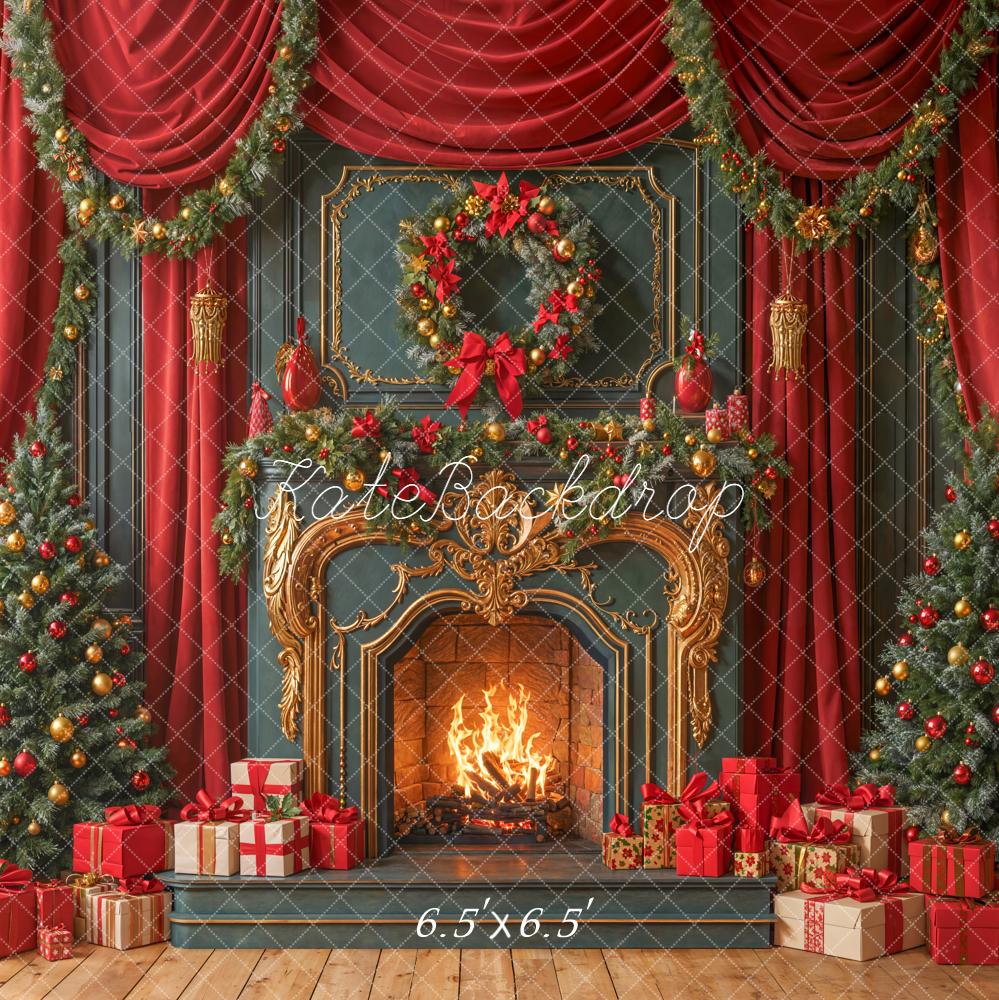 Kate Christmas Fireplace Retro Garland Curtains Tree Gifts Backdrop Designed by Emetselch