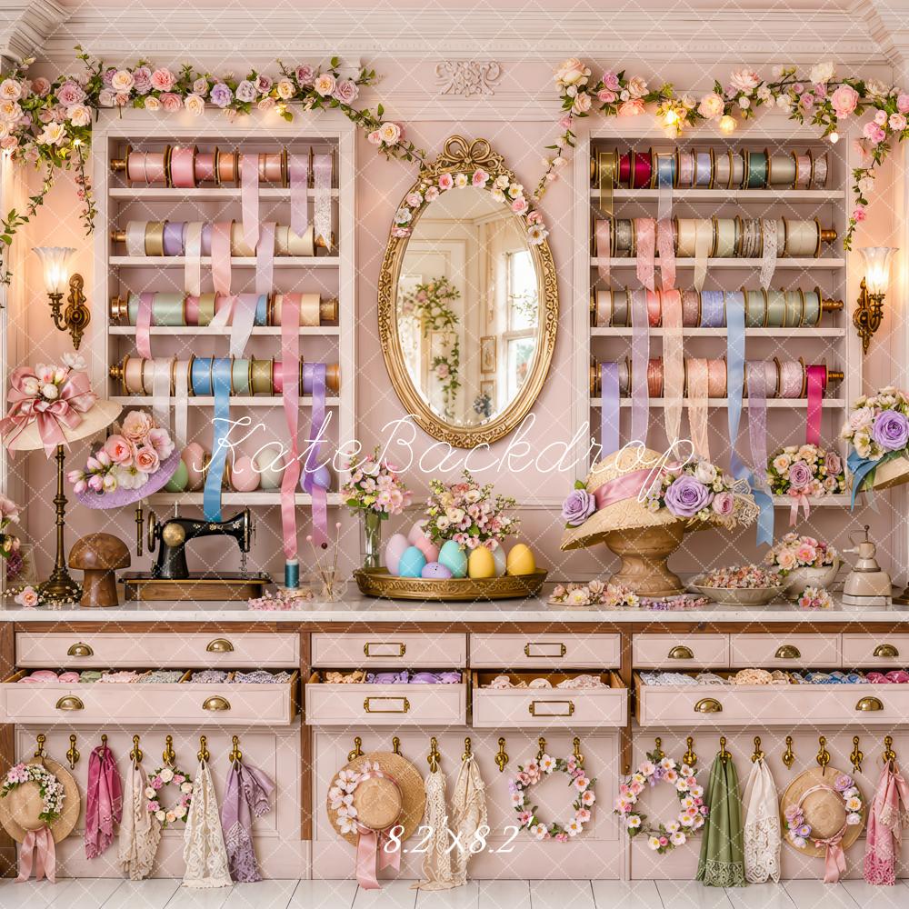 Kate Easter Bonnet Shop Pink Floral Ribbon Printed Backdrop Designed by Patty Roberts