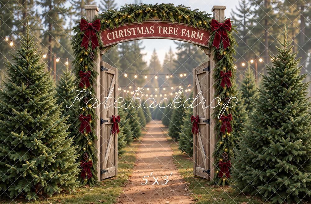 Kate Christmas Tree Farm Gate Rustic Red Bow Printed Backdrop Designed by Emetselch
