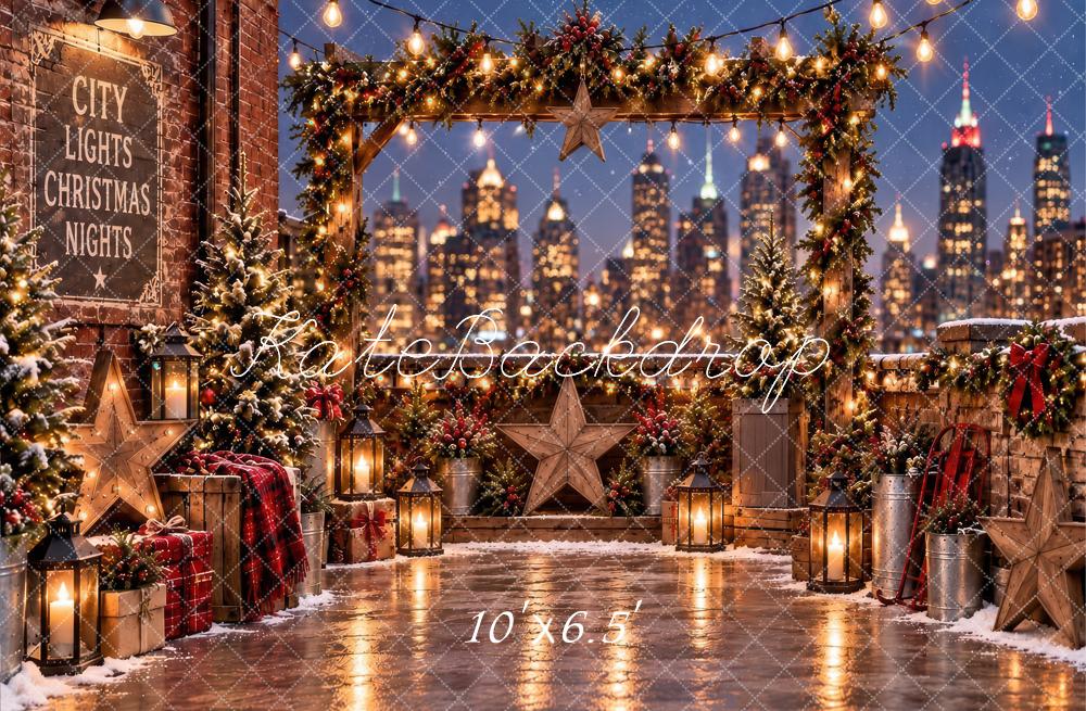 Kate Christmas City Lights Roof Top Garland Arch Printed Backdrop Designed by Laura Bybee