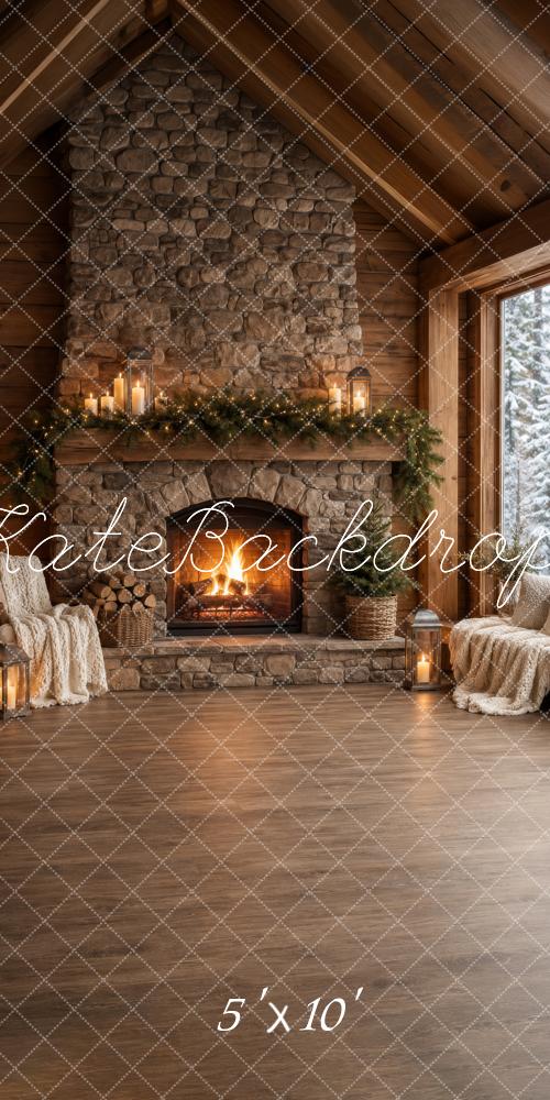 Kate Sweep Christmas Cozy Cabin Stone Fireplace Printed Backdrop Designed by Happy Squirrel Design