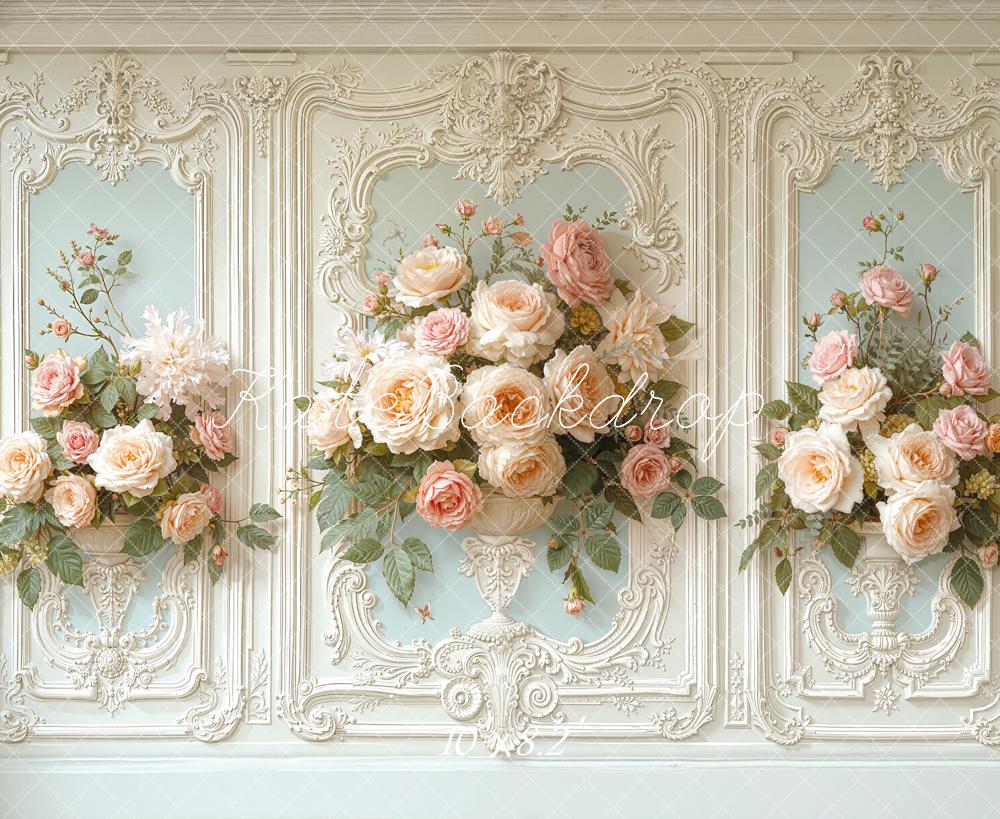 Kate Vintage Wall Flower Pastel Roses Printed Backdrop Designed by Chain Photography