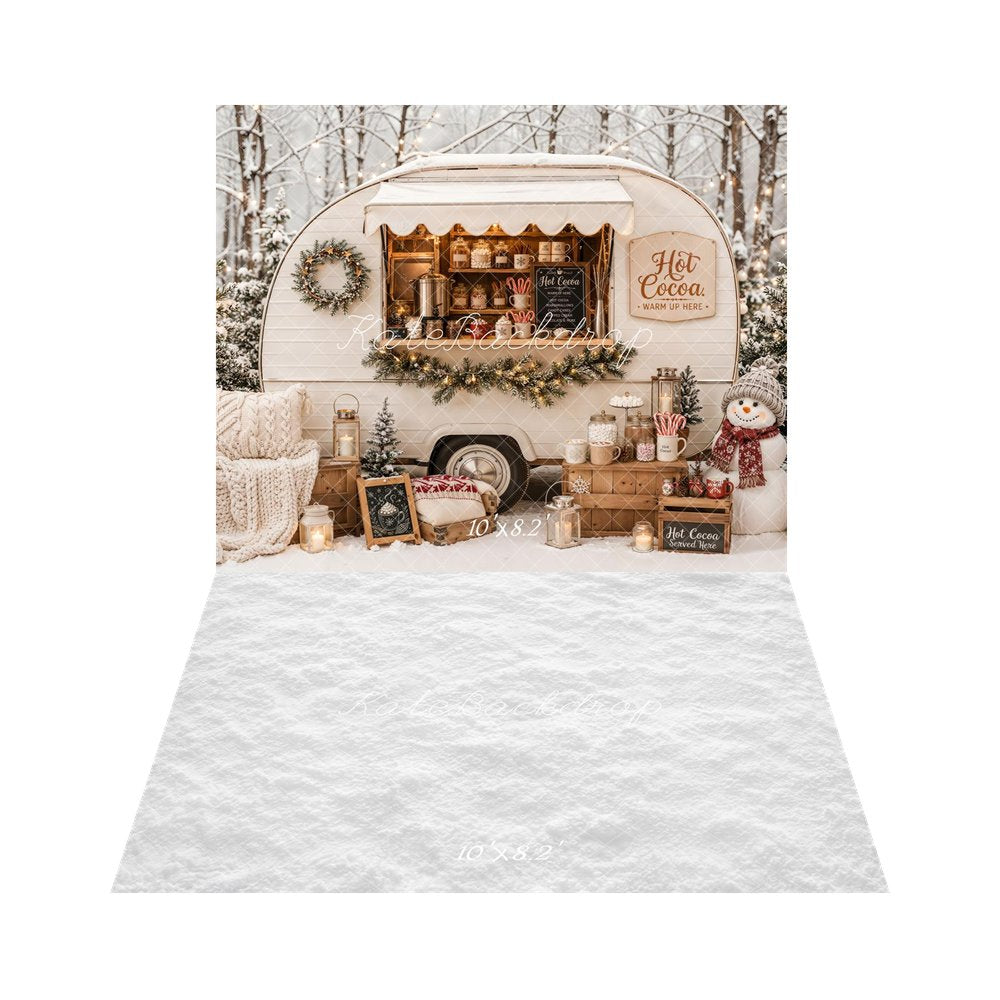 Kate Christmas Hot Cocoa Camper Snowy Forest Snowman Printed Backdrop+White Snow Floor Printed Backdrop