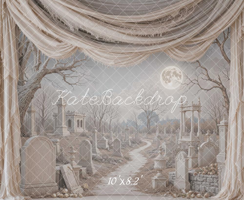 Kate Halloween Gray Cemetery Moon Drapes Tragedy Printed Backdrop Designed by Mini MakeBelieve