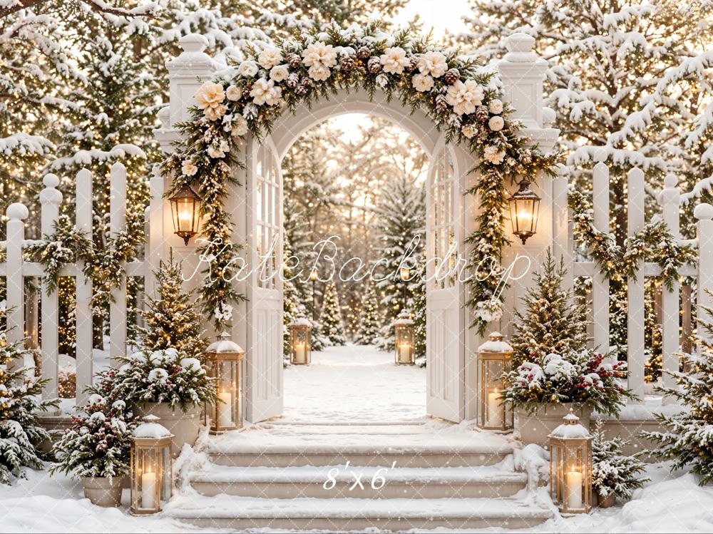 Kate Christmas Winter Flower Arch Gate Snowy Stairs Garden Fence Printed Backdrop Designed by Emetselch
