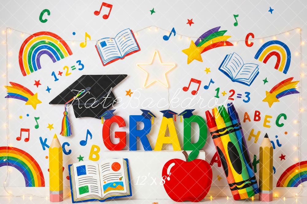 Kate Graduation Rainbow Books Crayons Music Notes Printed Backdrop Designed by Patty Roberts