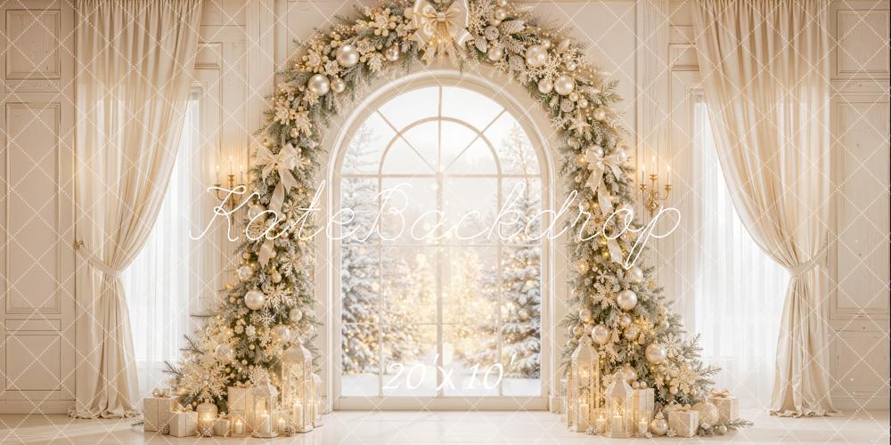 Kate Christmas Flower Arch Cream Window Presents Curtains Printed Backdrop Designed by Emetselch