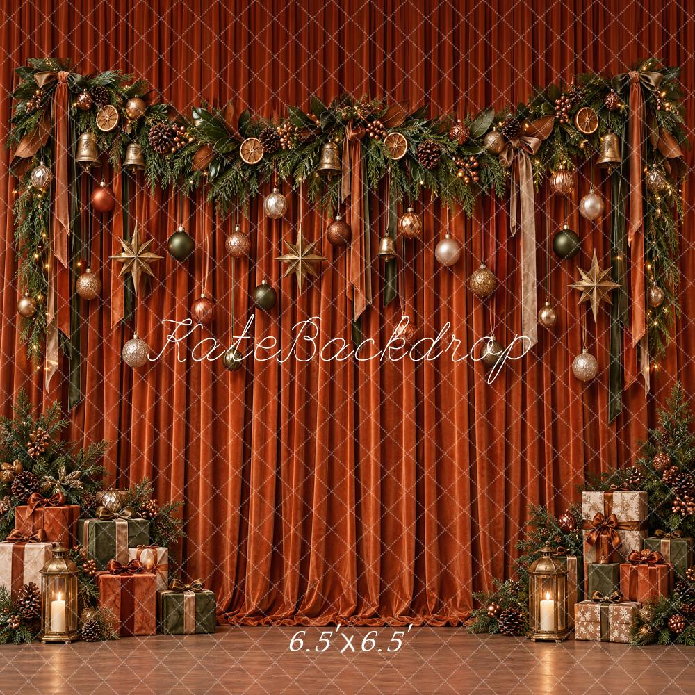 Kate Christmas Burnt Orange Velvet Curtain Ornaments Garland Lights Printed Backdrop Designed by Vertigo Productions