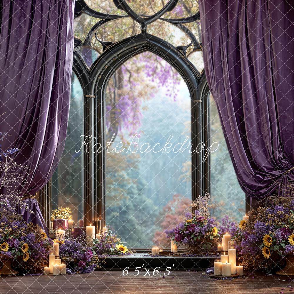 Kate Romantic Window Purple Curtains Floral Arch Candles Backdrop Designed by Emetselch