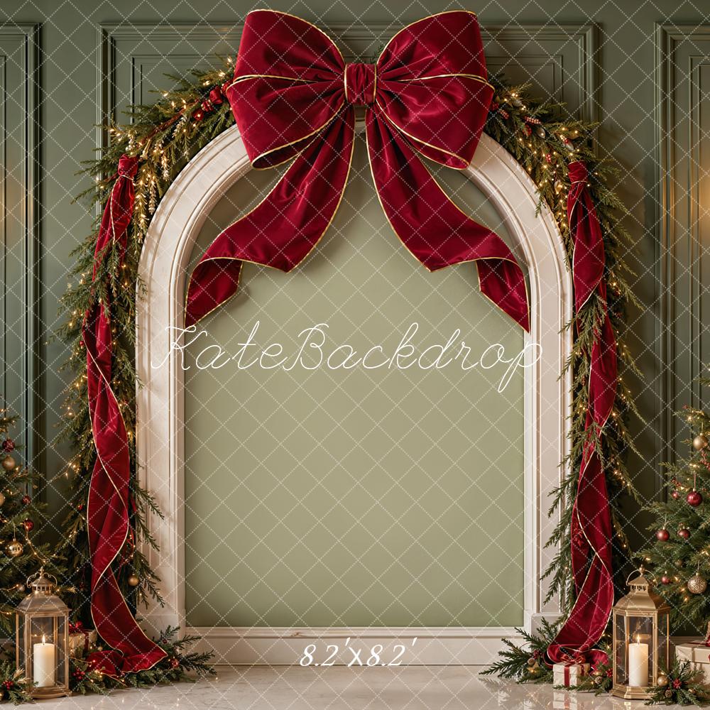Kate Christmas Arch Red Bow Evergreen Trees Gifts Printed Backdrop Designed by Emetselch