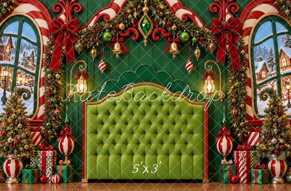 Kate Christmas Headboard Whimsical Green Candy Cane Window Garland Printed Backdrop Designed by Shutter Swan Studios