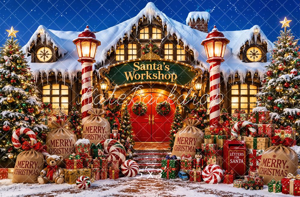 Kate Christmas Night Santa's Workshop Snowy House Presents Candy Canes Printed Backdrop Designed by Emetselch