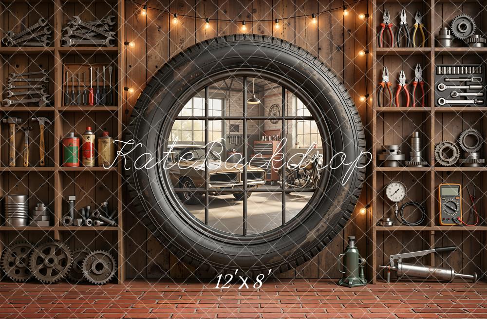 Kate Father's Day Garage Tire Window Tool Shelves Printed Backdrop Designed by Emetselch