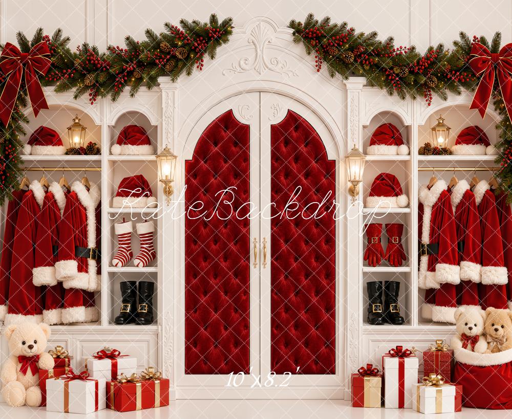 Kate Christmas Santa Closet Red Quilted Doors Coat Garland Printed Backdrop Designed by Emetselch