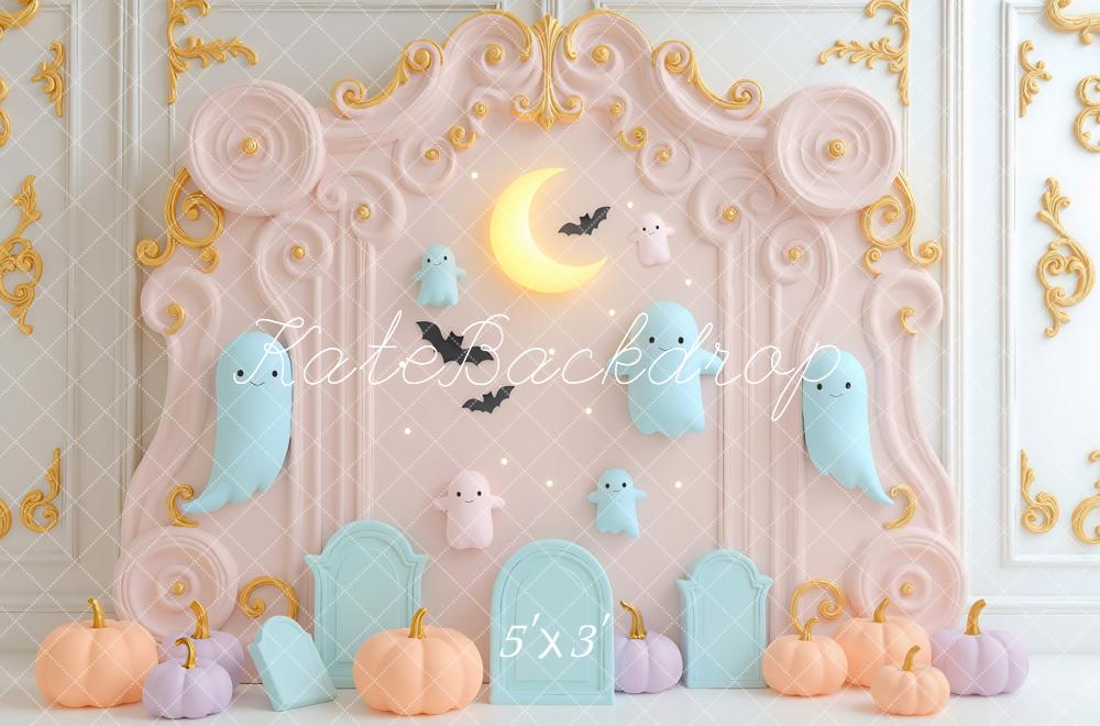 Kate Halloween Pastel Ghosts Moon Pumpkins Ornate Frame Backdrop Designed by Mini MakeBelieve