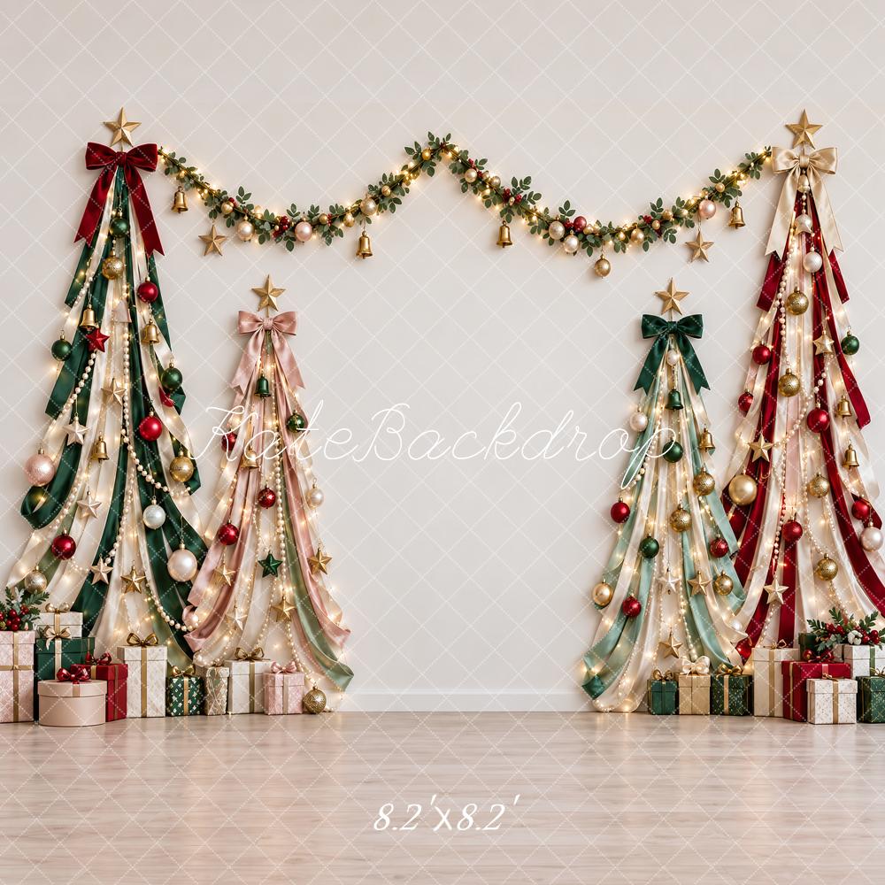 Kate Christmas Ribbon Trees Garland Gifts Lights Printed Backdrop Designed by Vertigo Productions