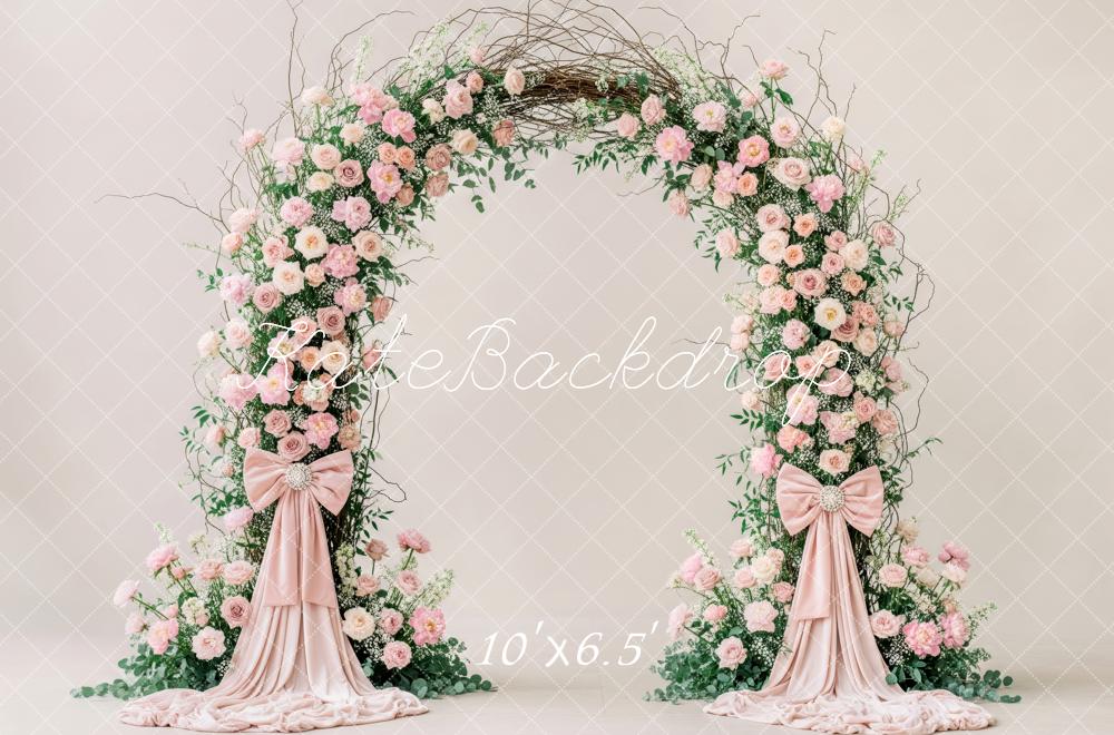 Kate Spring Flower Arch Pink Roses Greenery Bows Backdrop Designed by Patty Roberts