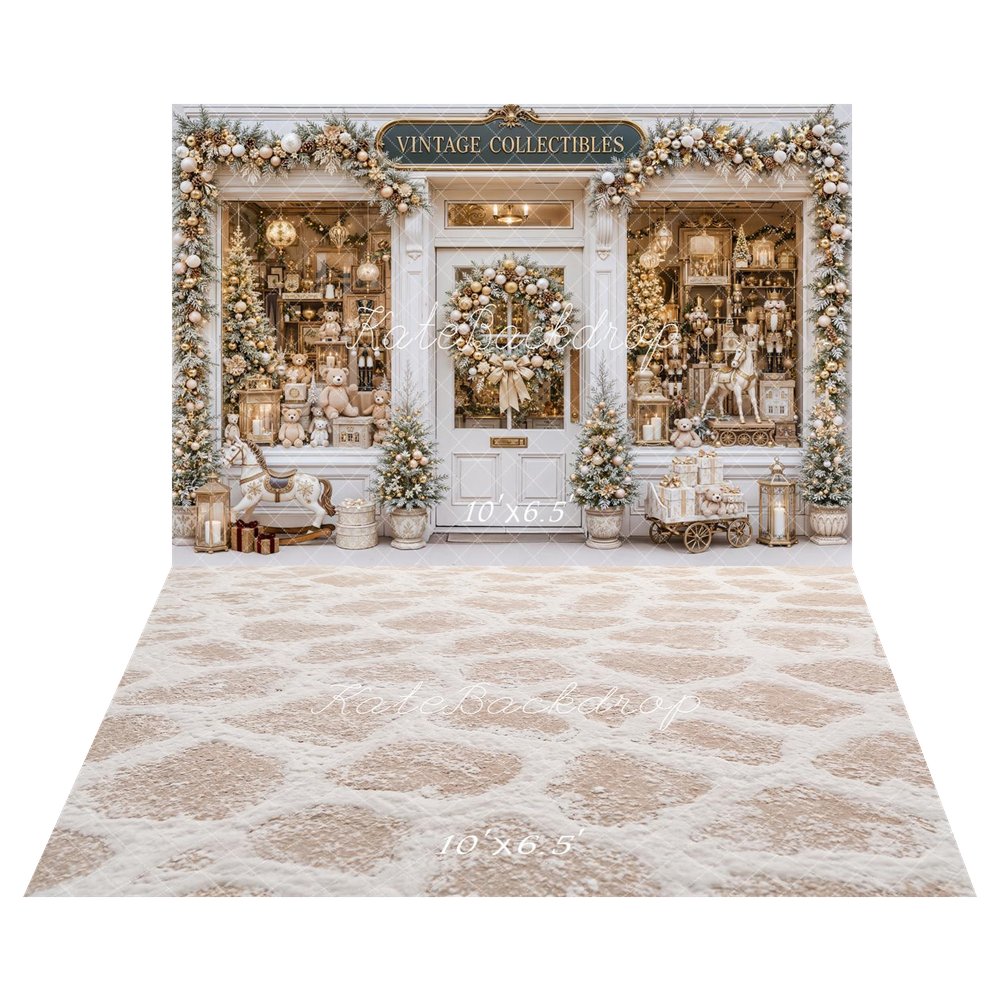 Kate Christmas Vintage Collectibles Nutcracker Storefront Printed Backdrop+Beige Cobblestone Snowy Floor Printed Backdrop