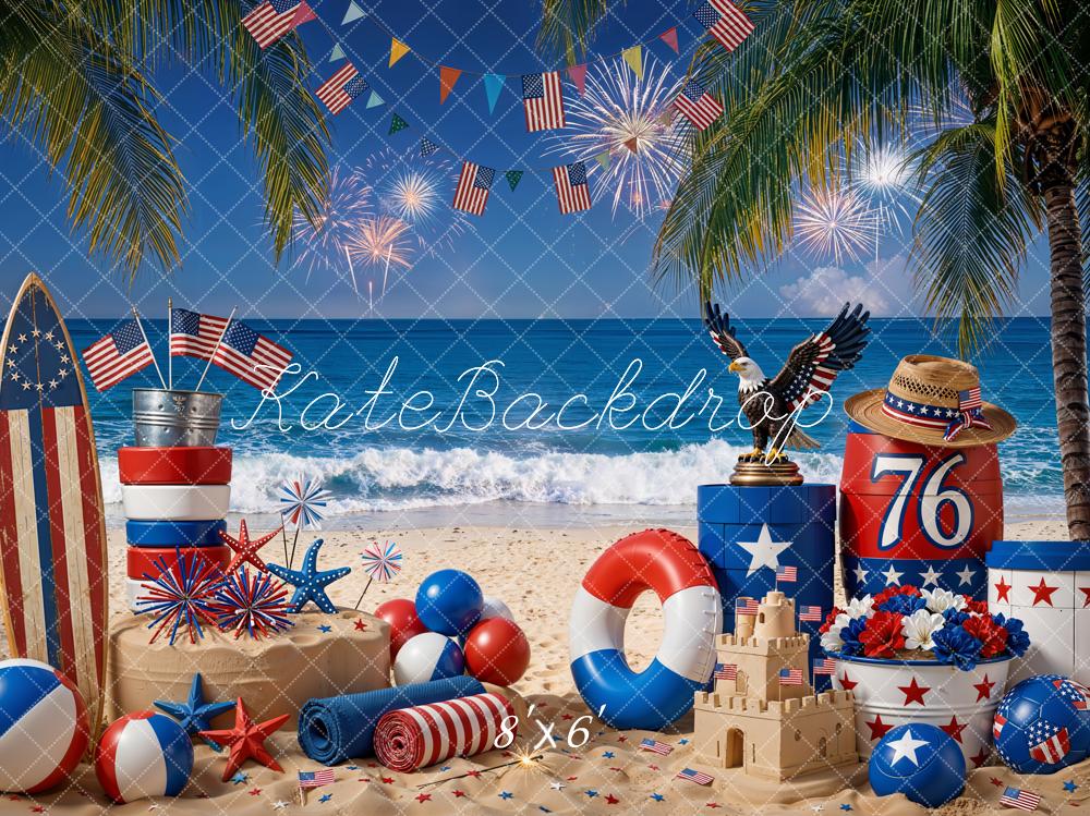 Kate Summer Patriotic Beach Fireworks Surfboard Eagle Sandcastle Printed Backdrop Designed by Emetselch