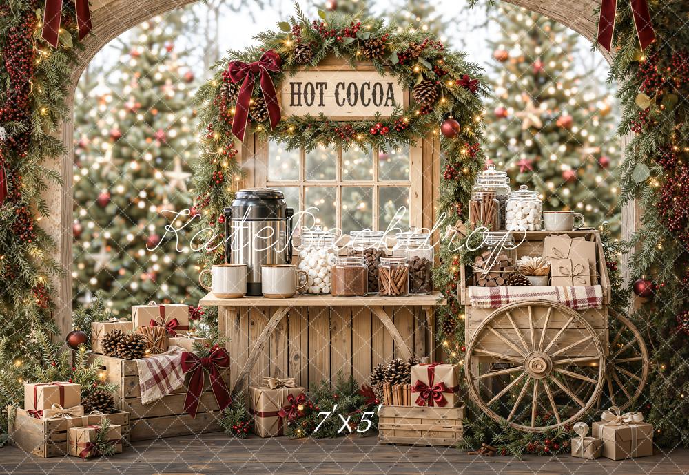 Kate Christmas Hot Cocoa Stand Wood Cart Pine Arch Printed Backdrop Designed by Emetselch