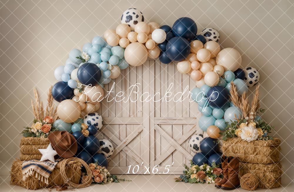 Kate Cake Smash Western Barn Door Balloon Arch Hay Bales Printed Backdrop Designed by Emetselch