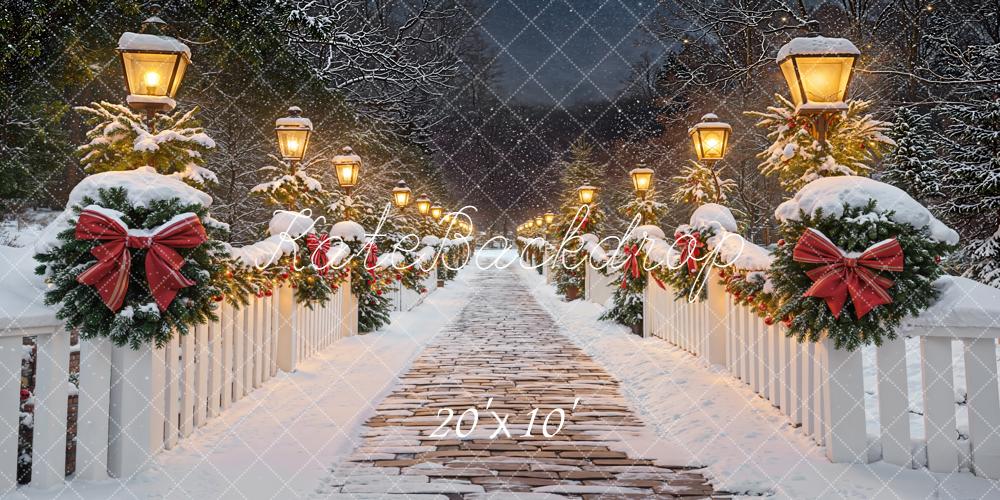Kate Christmas Winter Path Snowy Bridge Garland Lanterns Backdrop Designed by Emetselch