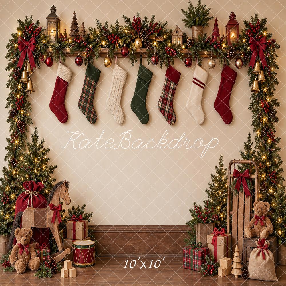 Kate Christmas Stocking Garland Gifts Rocking Horse Printed Backdrop Designed by Vertigo Productions