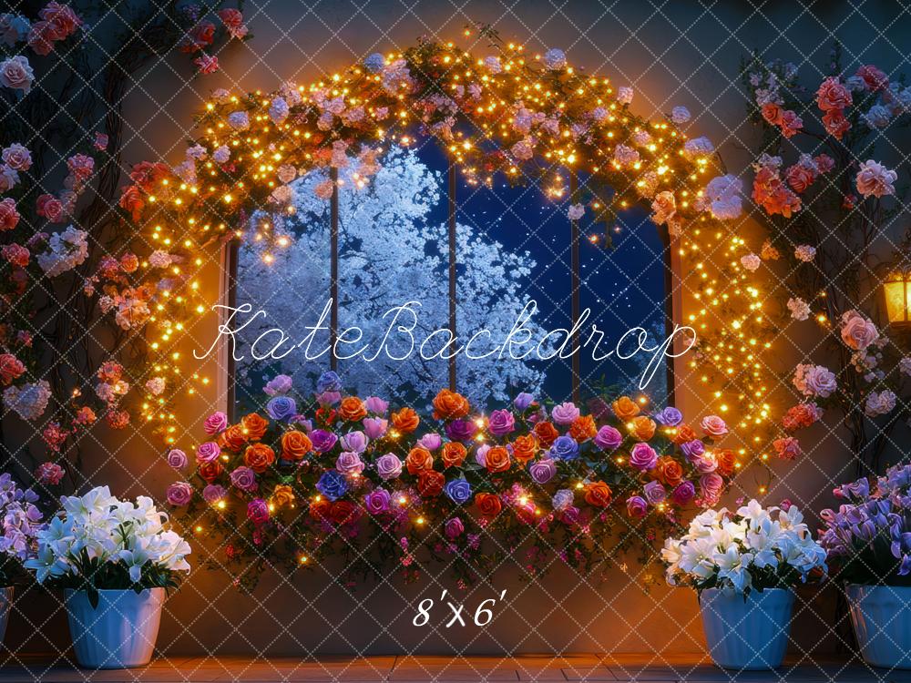 Kate Dreamy Flower Arch Window Glowing Night Backdrop Designed by Mini MakeBelieve