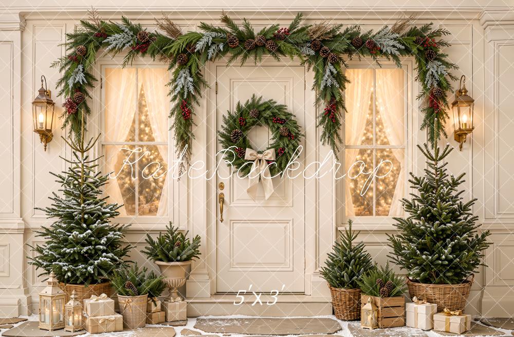 Kate Christmas White Doorway Wreath Garland Pine Trees Rustic Printed Backdrop Designed by Emetselch
