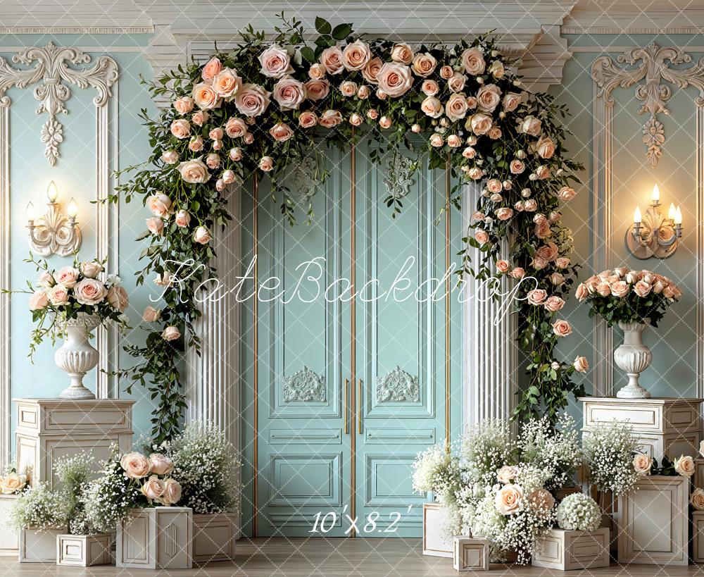 Kate Spring Flower Arch Blue Ornate Wall Printed Backdrop Designed by Mini MakeBelieve
