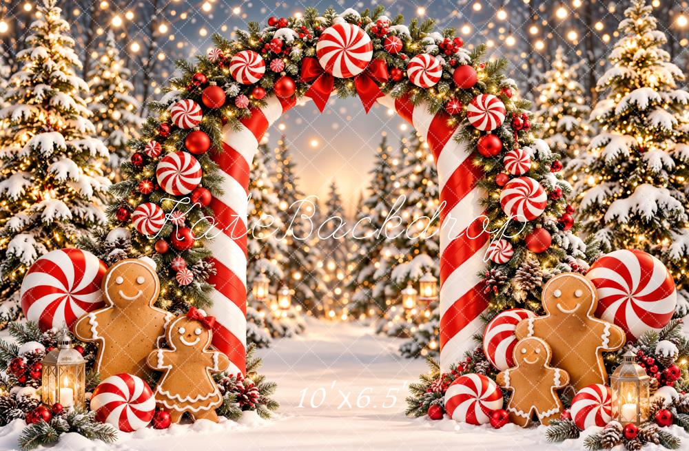 Kate Christmas Candy Cane Arch Gingerbread Snowy Forest Printed Backdrop Designed by Emetselch