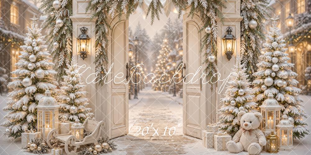 Kate Christmas Street Flower Arch Snowy Trees Lanterns Teddy Bear Printed Backdrop Designed by Emetselch