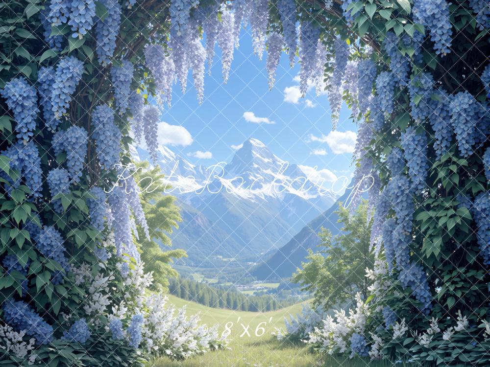 Kate Summer Blue Wisteria Flower Arch Mountain Landscape Printed Backdrop Designed by Mini MakeBelieve