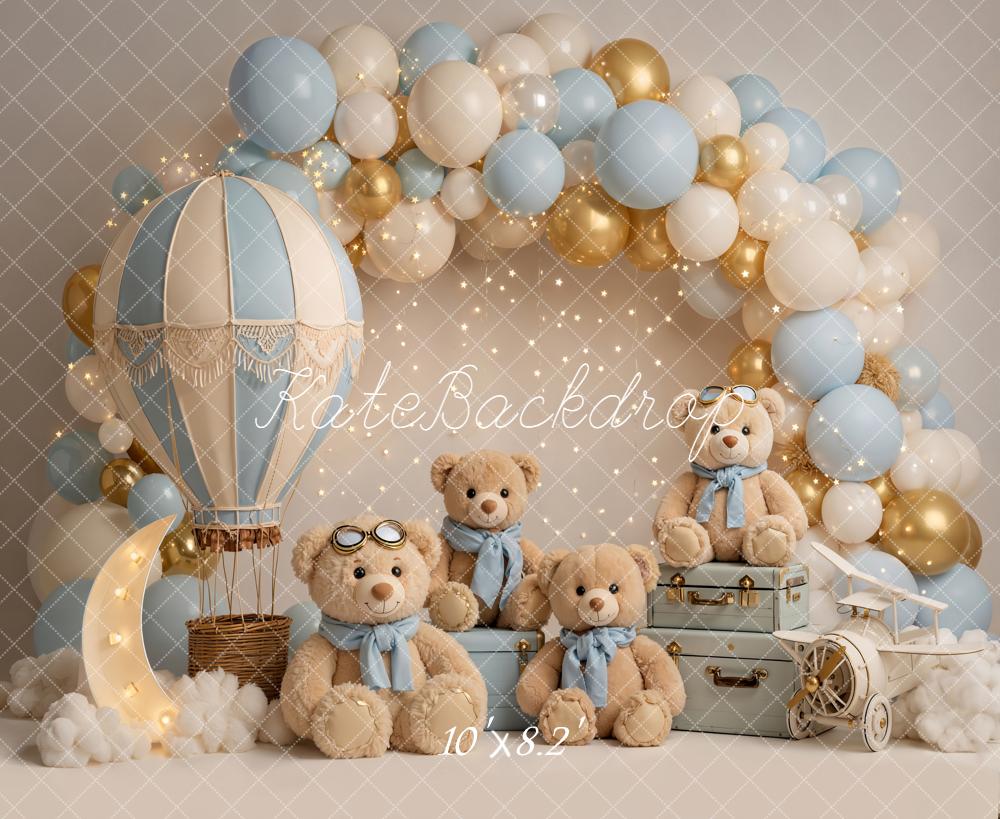 Kate Cake Smash Hot Air Balloon Teddy Bear Balloon Arch Blue Gold Backdrop Designed by Emetselch