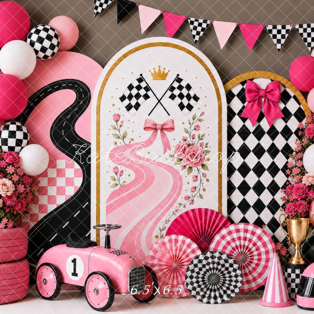 Kate Cake Smash Pink Racing Car Checkered Flag Floral Printed Backdrop Designed by Shutter Swan Studios