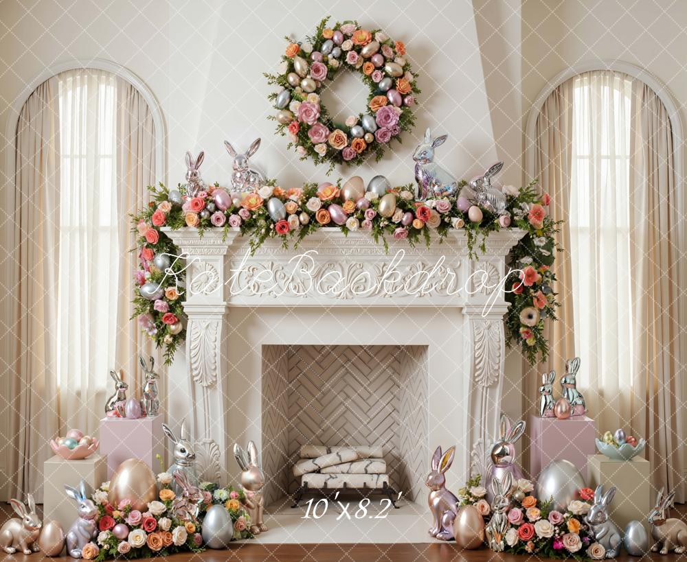 Kate Easter Bunny Pastel Eggs Floral Fireplace Backdrop Designed by Mini MakeBelieve