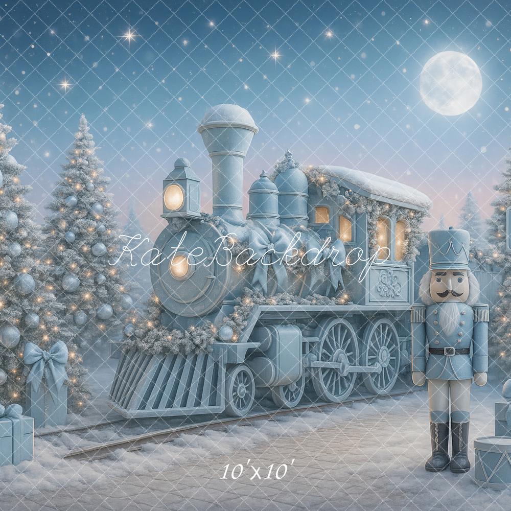 Kate Christmas Polar Train Nutcracker Blue Trees Snowy Backdrop Designed by Ashley Paul