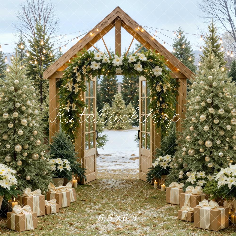 Kate Christmas Rustic Wood Arch Christmas Tree Presents Poinsettia Printed Backdrop Designed by Mini MakeBelieve