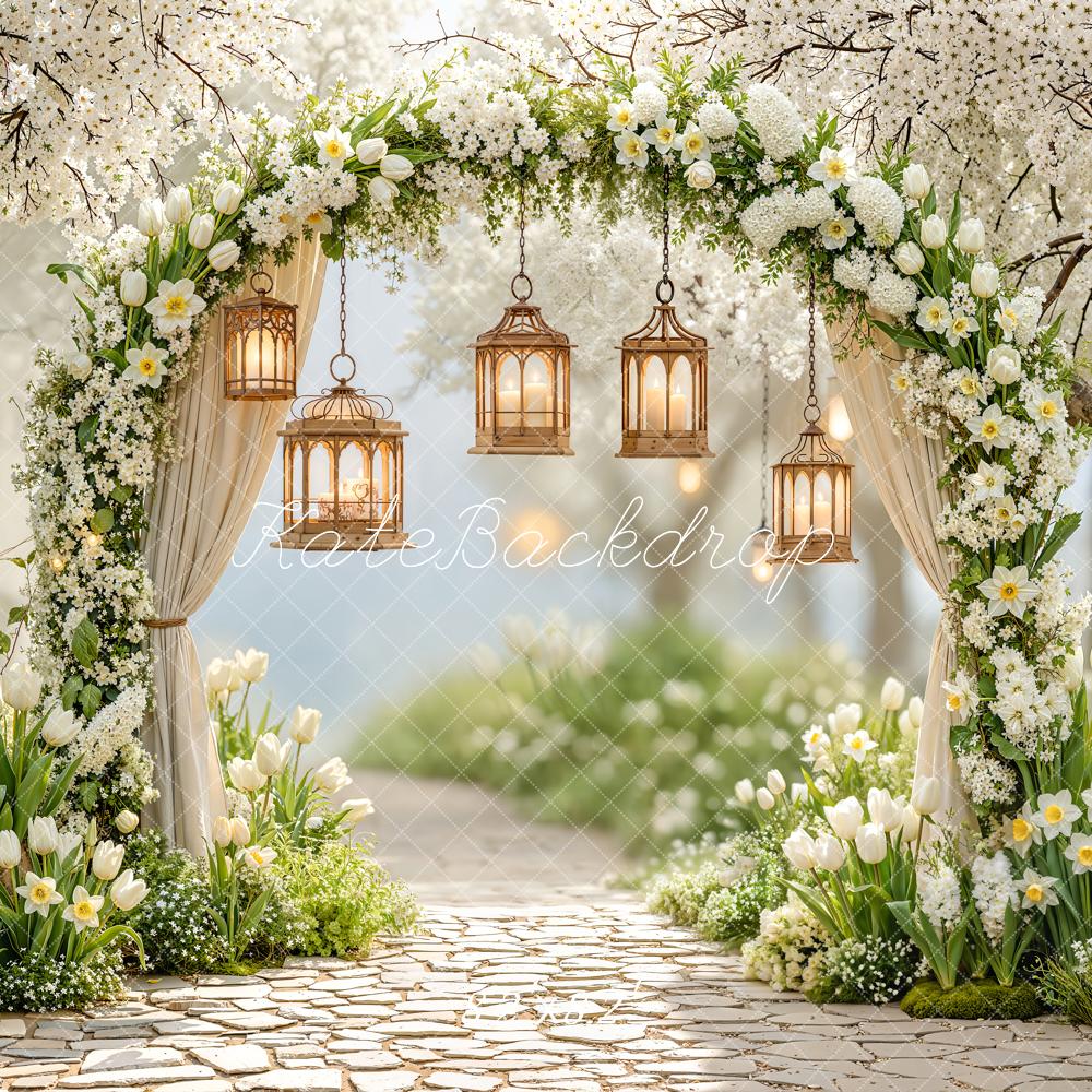 Kate Spring Flower Arch White Blossoms Lanterns Pathway Backdrop Designed by Emetselch