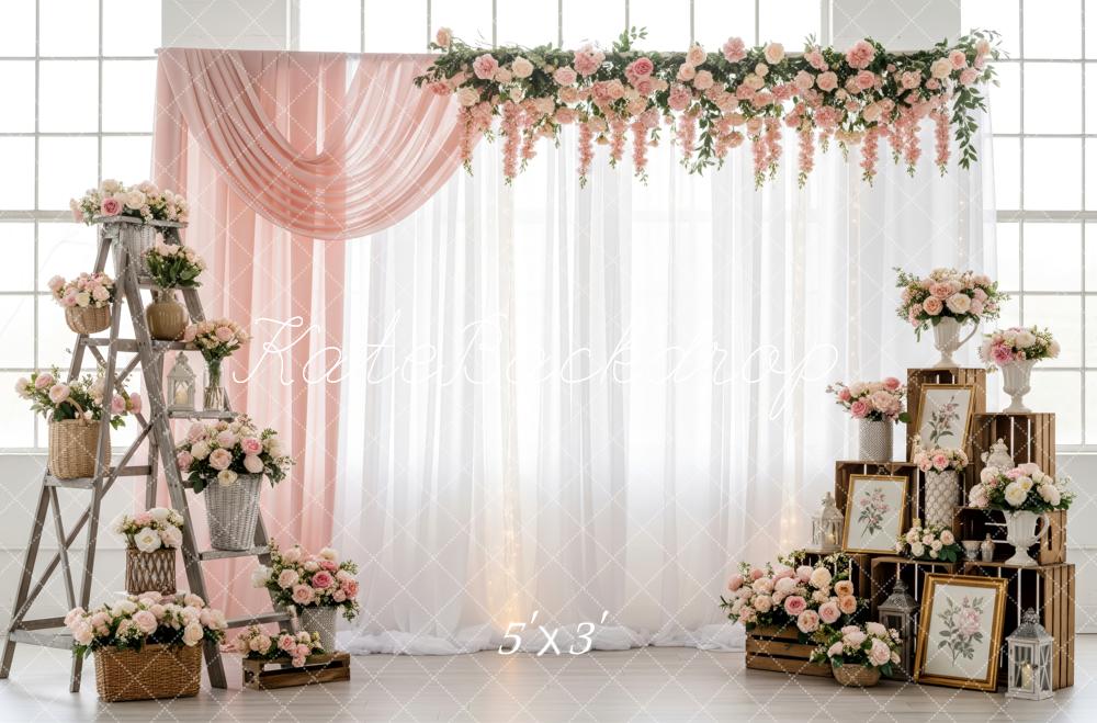Kate Spring Flower Arch Ladder Crates Pink Roses Printed Backdrop Designed by Patty Roberts