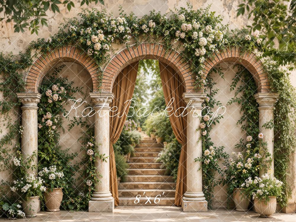Kate Spring Vintage Roman Arch Garden Columns Stairs Flower Beige Printed Backdrop Designed by Emetselch