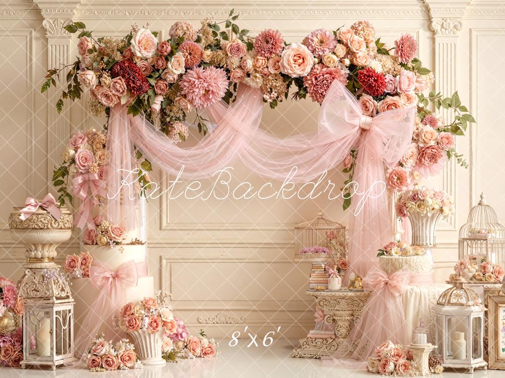 Kate Mother's Day Flower Arch Pink Roses Lanterns Birdcages Backdrop Designed by Emetselch