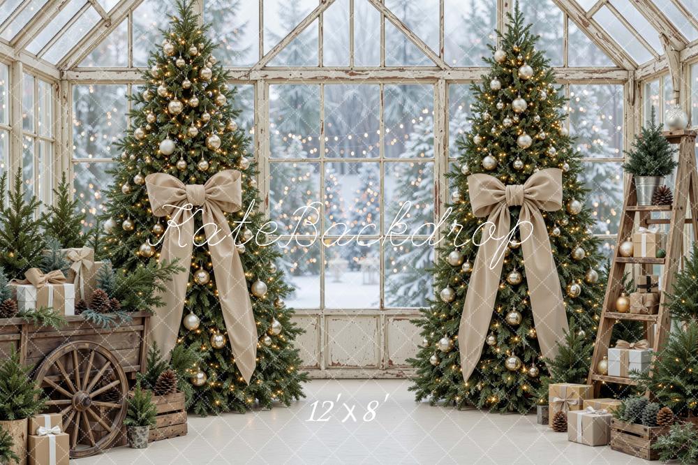 Kate Christmas Greenhouse Trees Bows Gifts Beige Printed Backdrop Designed by Mini MakeBelieve