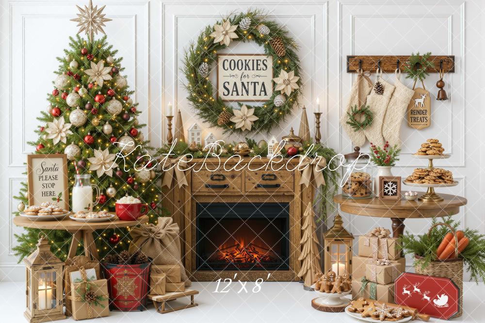 Kate Christmas Tree Fireplace Cookies Santa Wreath Table Printed Backdrop Designed by Mini MakeBelieve
