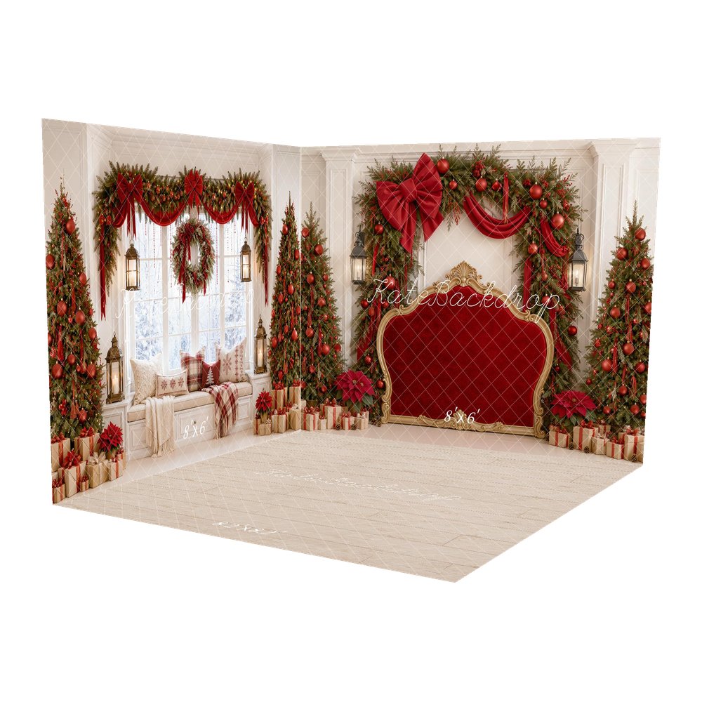 Kate Christmas Headboard Red Velvet Bow Garland Trees Printed Backdrop Room Set