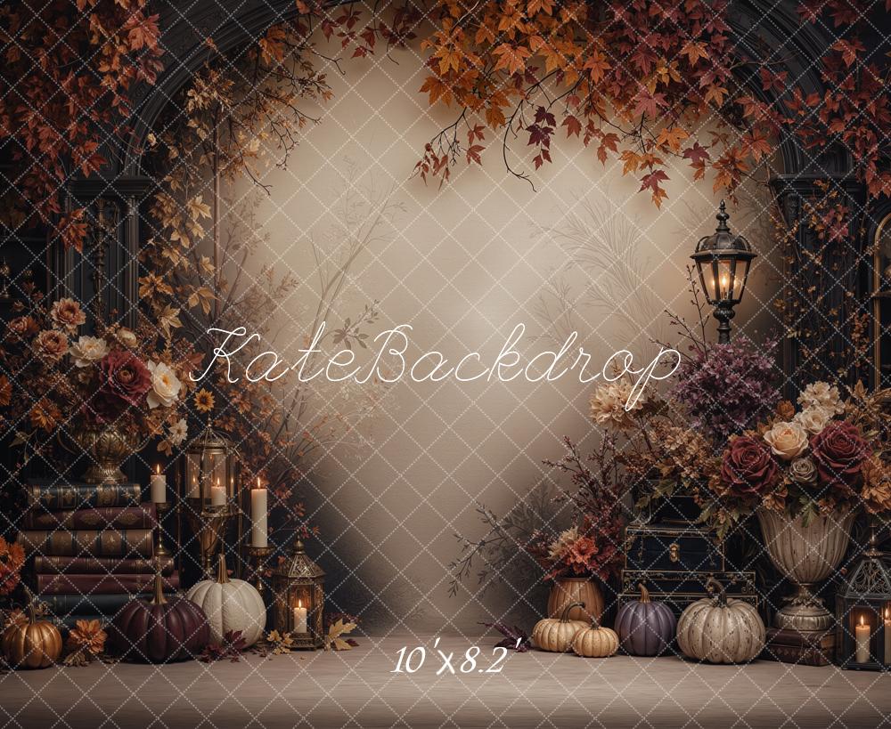 Kate Fall Vintage Floral Pumpkin Lantern Arch Books Leaves Printed Backdrop Designed by Jordan Moon