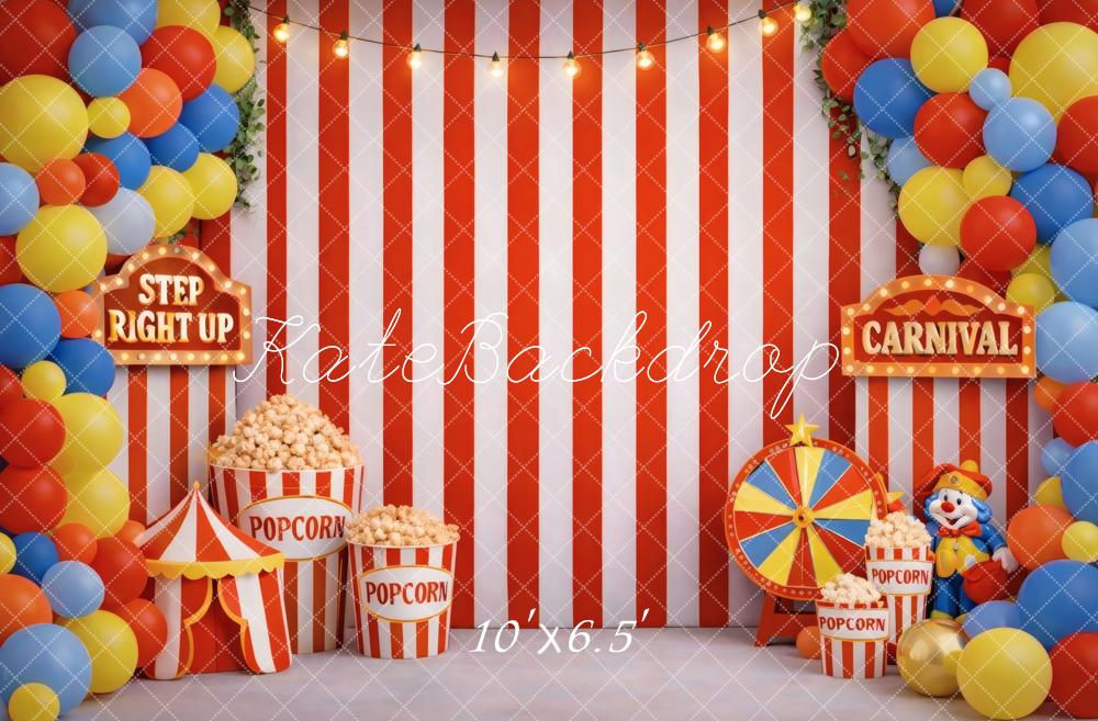 Kate Carnival Red White Stripes Balloons Popcorn Clown Printed Backdrop Designed by Vertigo Productions