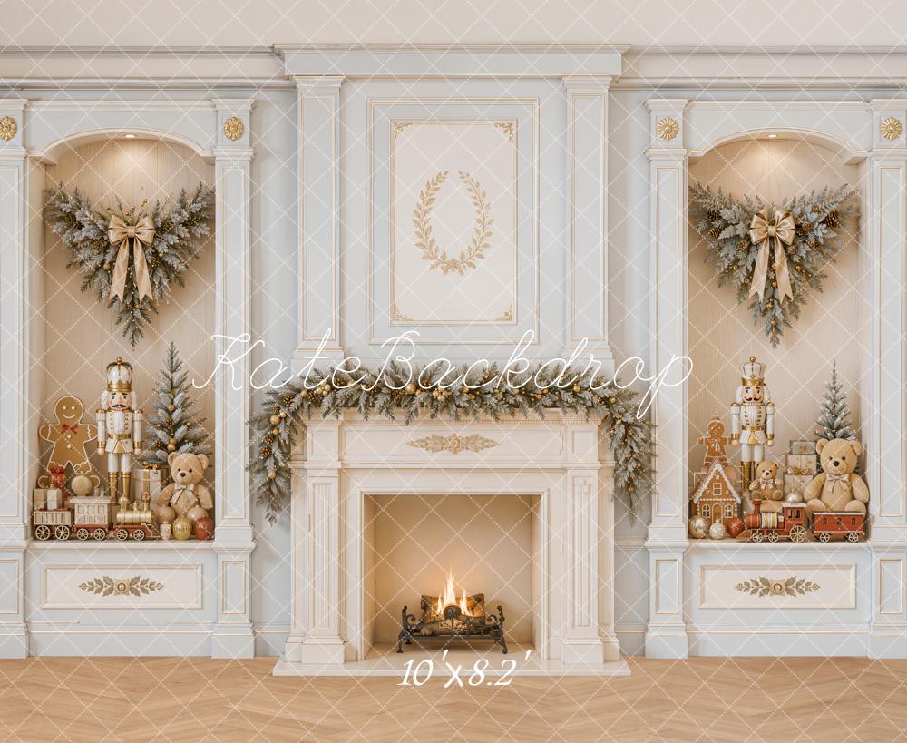 Kate Christmas Fireplace Retro Wall Nutcracker Garland Gingerbread Printed Backdrop Designed by Emetselch